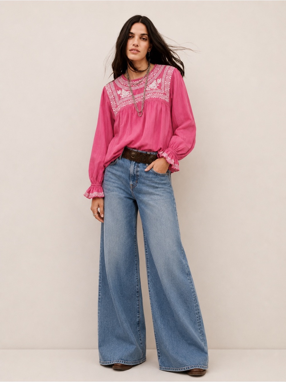 Zara Boho Embroidered Pink Peasant Blouse size S